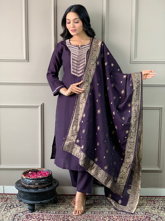 Festival Wear Silk Wine Kurta Set