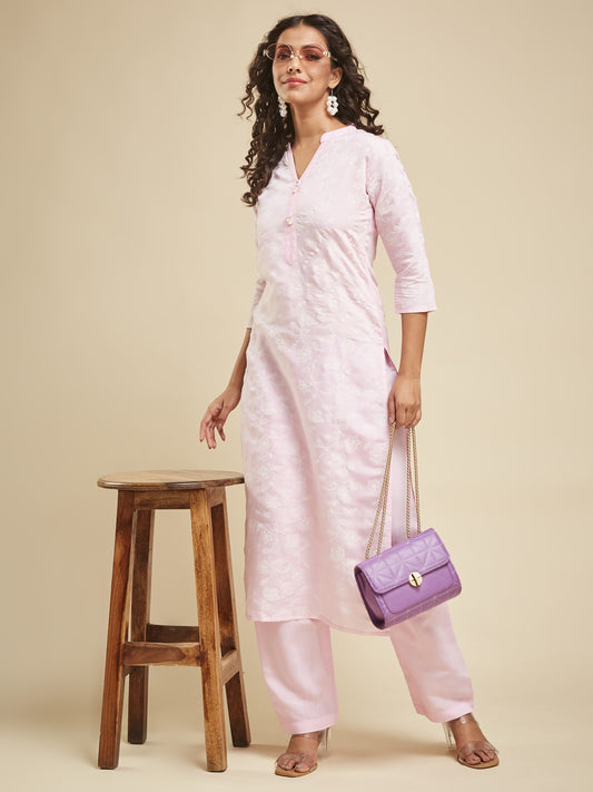 Festival Wear Viscose Baby Pink Kurta Set