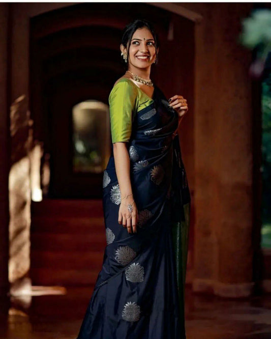 Navy Silk Saree with Silver Motifs and Rich Green Pallu