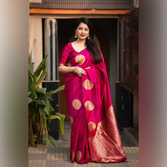 Elegant Pink Banarasi Saree with Gold Detailing