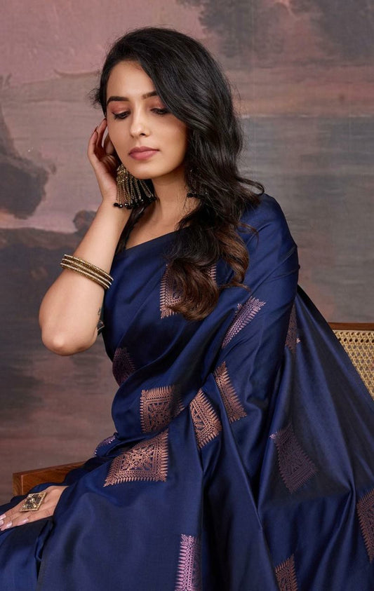 Navy Blue Silk Saree with Copper Zari Square Motifs
