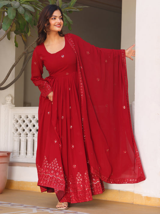 Georgette Embroidered Maroon Anarkali Suit