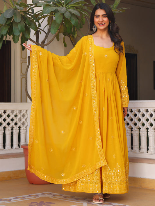 Georgette Embroidered Yellow Anarkali Suit