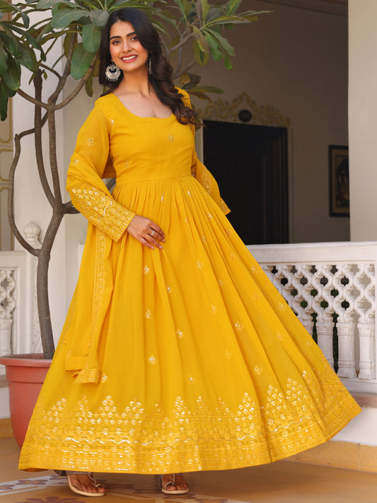 Georgette Embroidered Yellow Anarkali Suit