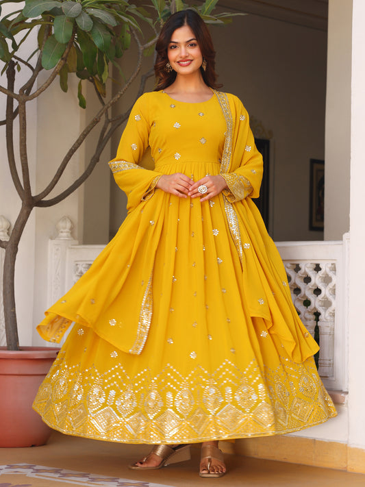 Embroidered Party Wear Yellow Anarkali Suit
