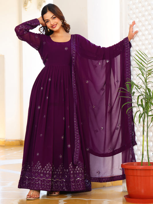 Georgette Embroidered Wine Anarkali Suit