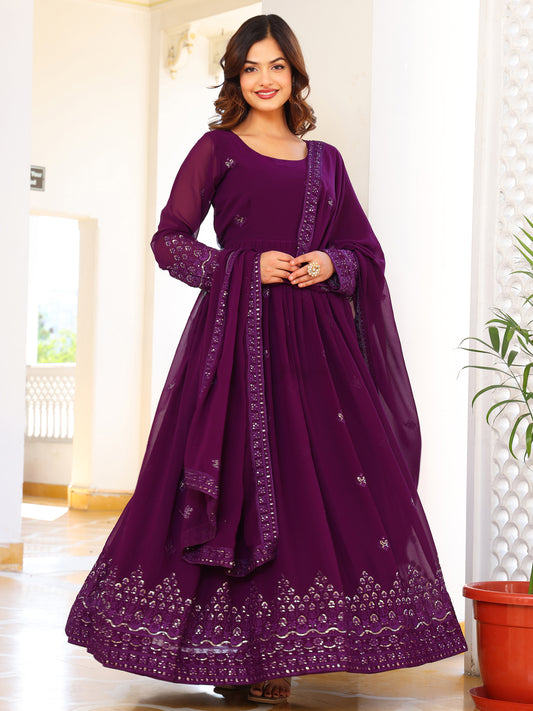 Georgette Embroidered Wine Anarkali Suit