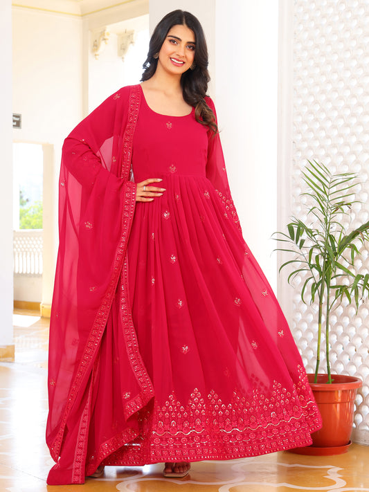Georgette Embroidered Pink Anarkali Suit