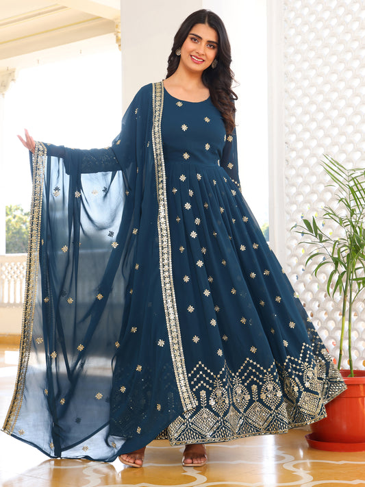 Embroidered Party Wear Turquoise Anarkali Suit
