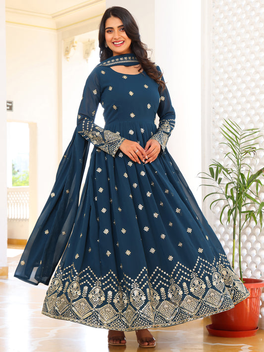 Embroidered Party Wear Turquoise Anarkali Suit