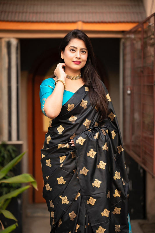 Black & Sky Blue Contrast Saree with Golden Motifs