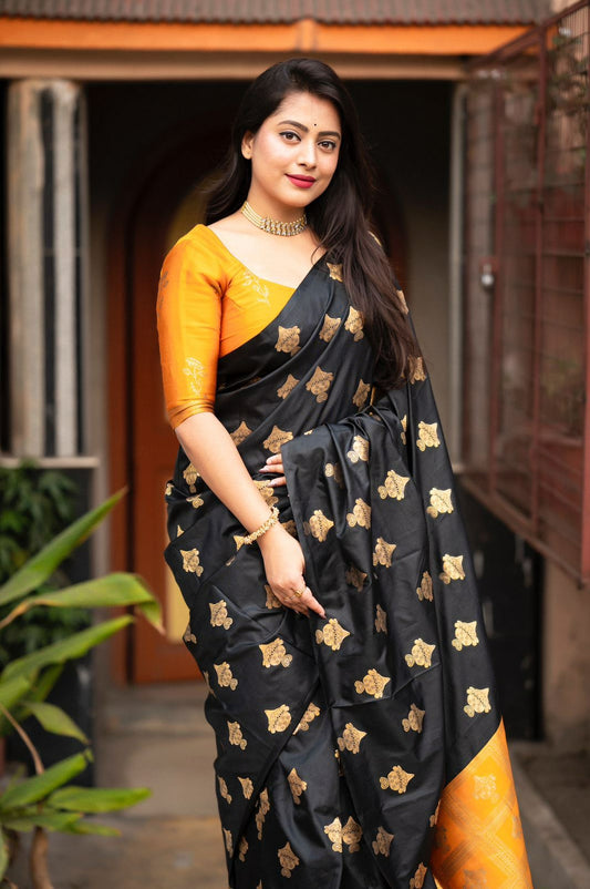 Elegant Black Banarasi Saree with Hot YellowContrast