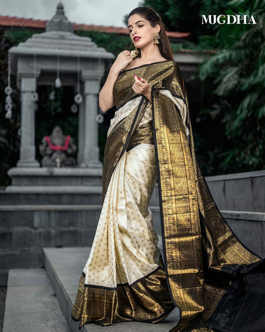 Regal Cream & Gold Kanjivaram Saree