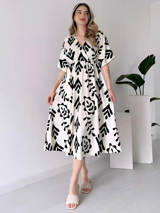 Classic White Dress with Black Print