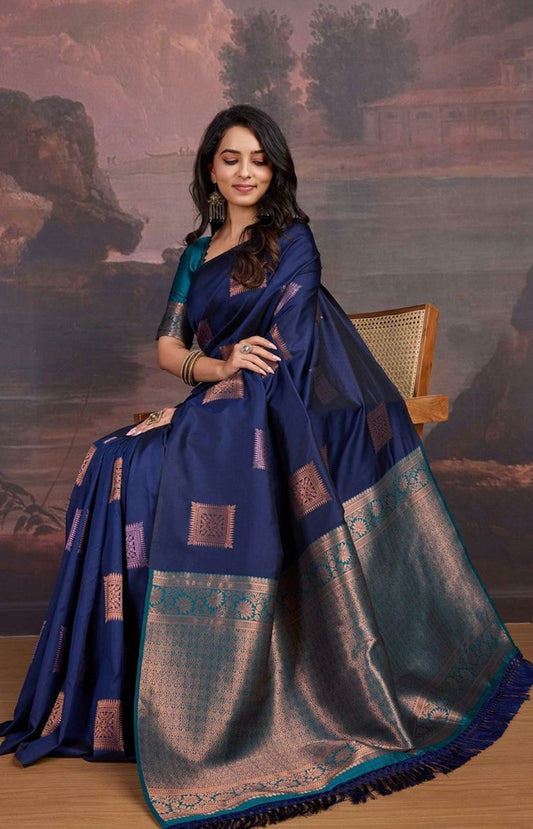 Navy Blue Silk Saree with Copper Zari Square Motifs