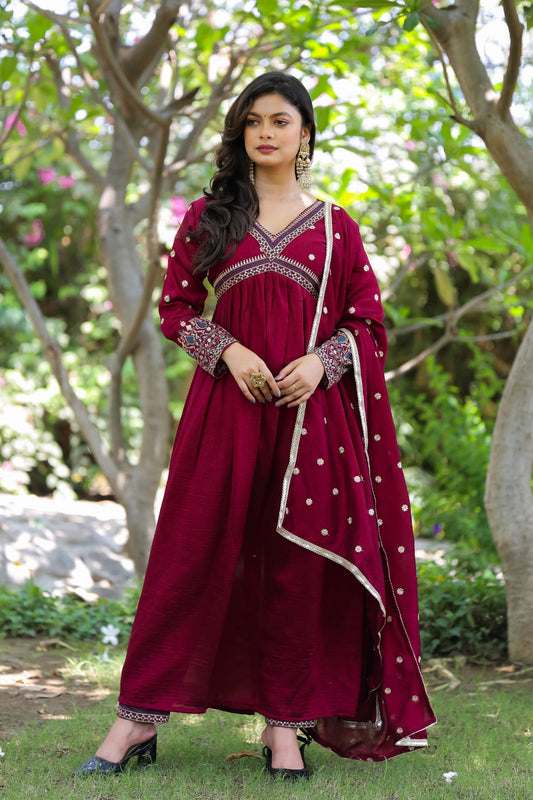 Festival Wear Chanderi Maroon Kurta Set