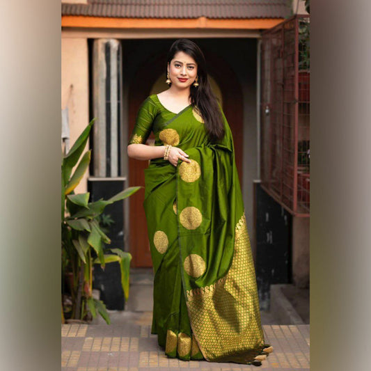 Perrot Banarasi Silk Saree with Bold Gold Buttas