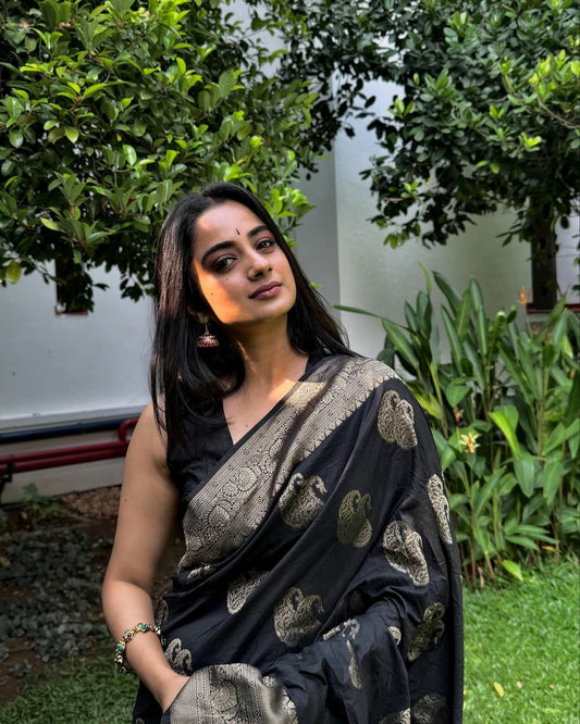 Draped in black, glowing in gold.