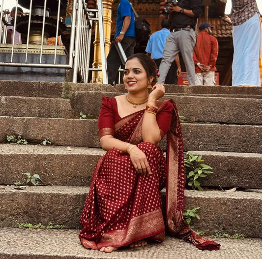Elegant Maroon Satin Saree – Soft Glam Appeal