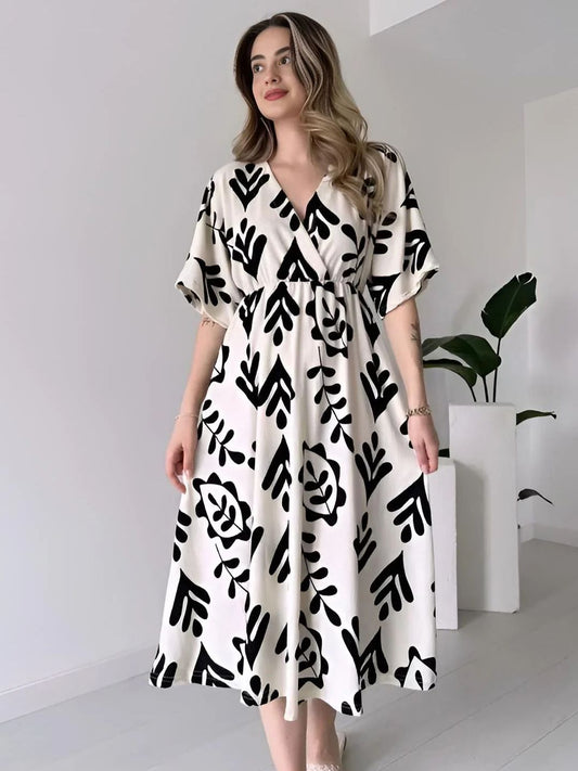 Classic White Dress with Black Print