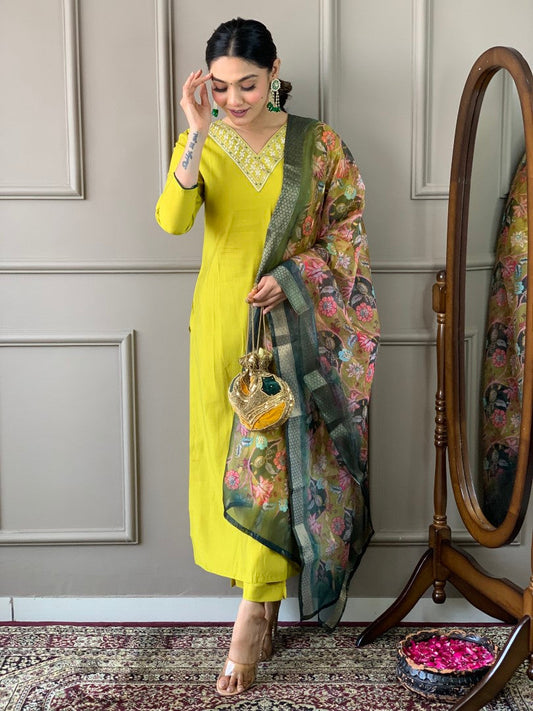 Viscose Embroidery Designer Lemon Yellow Stright Kurta Set