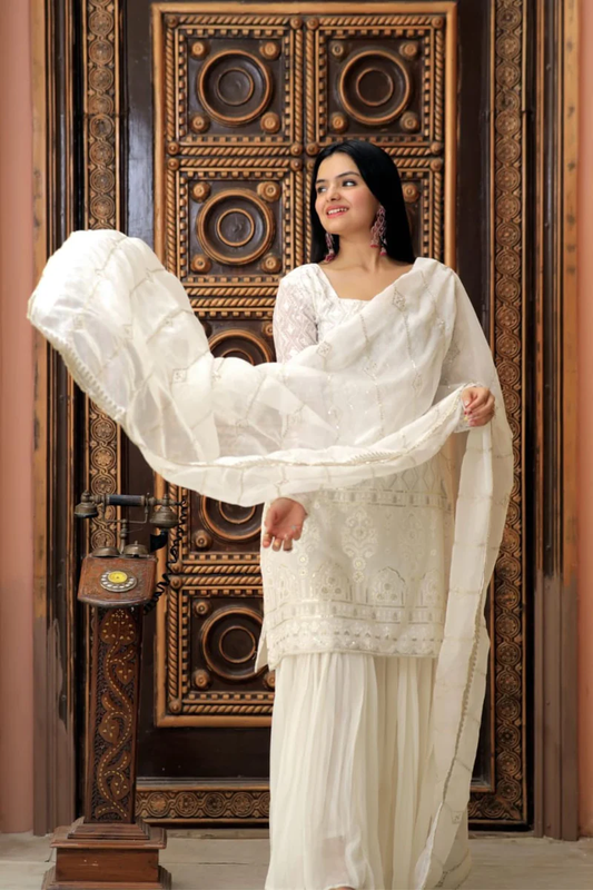 Party Wear Georgette White Sharara Suit