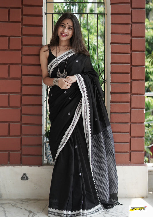 Elegant Black Handloom Saree with White Thread Work Border