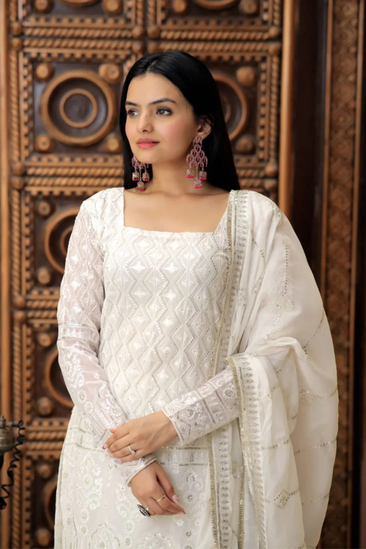 Party Wear Georgette White Sharara Suit