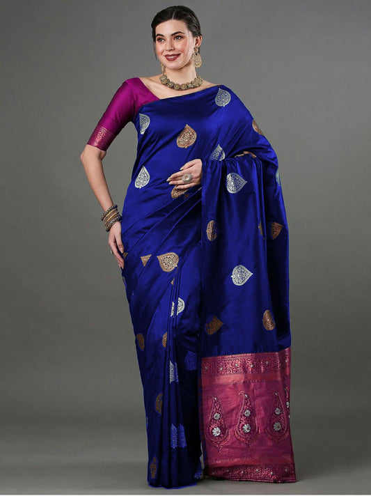 Classic Blue Saree with Metallic Square Weaves