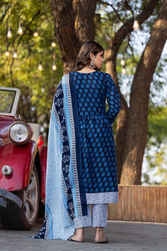 designer Printed Blue Kurta Set