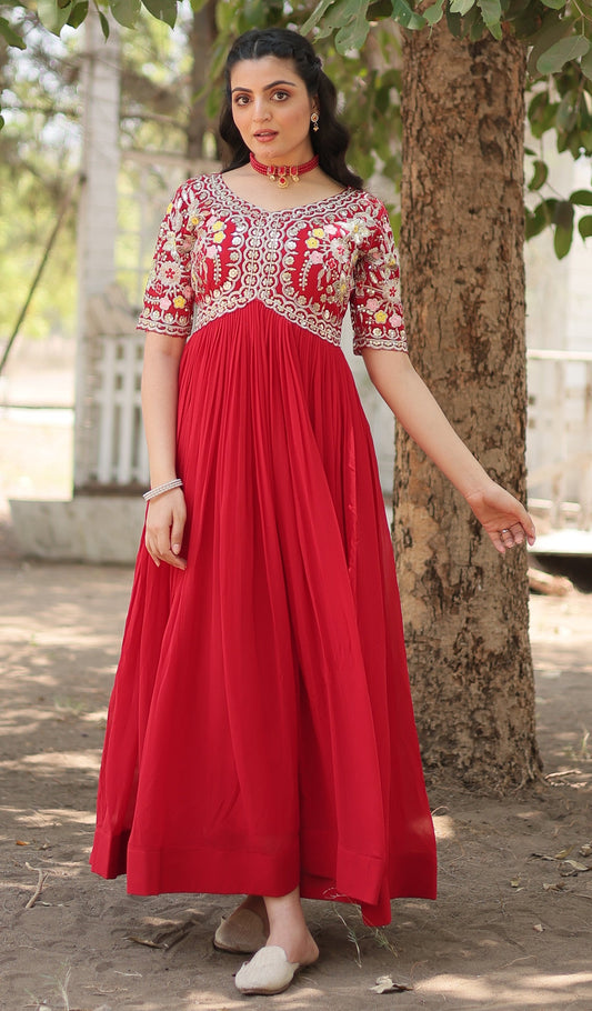 Designer Georgette Ready To Wear Red Gown Set