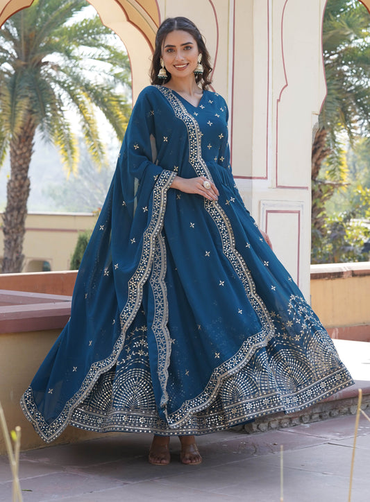 ANARA Beautiful Designer Georgette Cotton Turquoise Gown Set