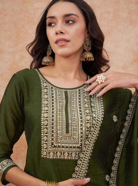 Radiant Gold Embroidered Kurta Set with Sheer Dupatta
