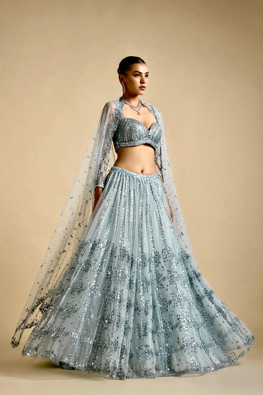 Wedding Wear Net Sky Blue Lehenga Choli