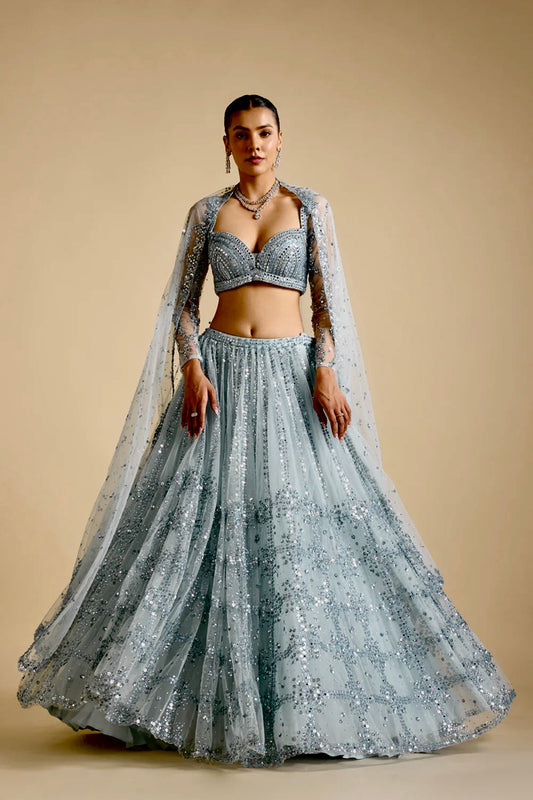 Wedding Wear Net Sky Blue Lehenga Choli