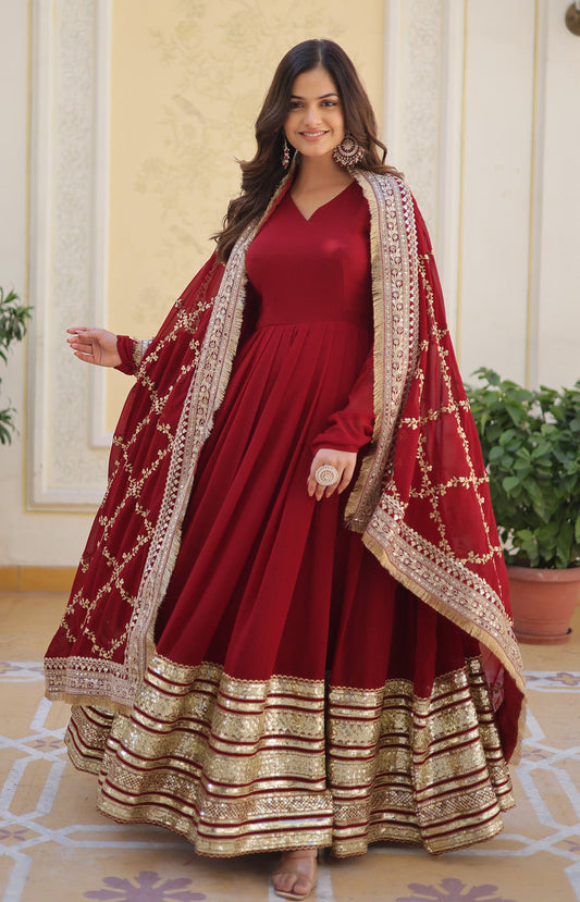 Party Wear Georgette Maroon Gown Set