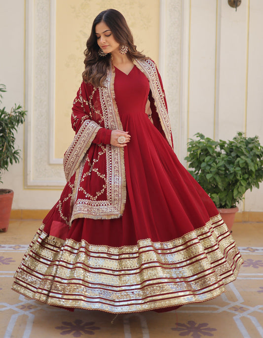 Party Wear Georgette Maroon Gown Set