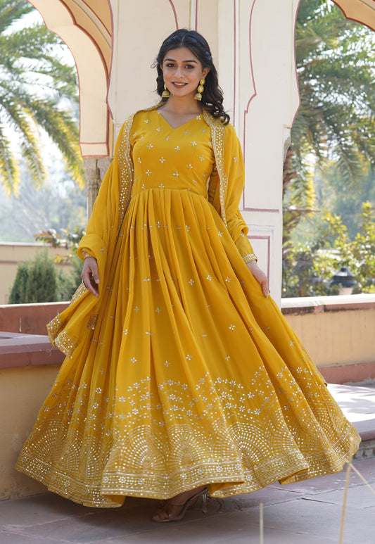 Georgette Sequence Yellow Gown Set