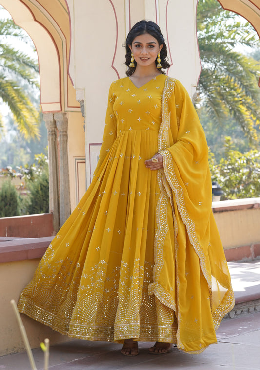 Georgette Sequence Yellow Gown Set