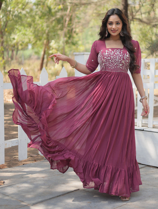 Georgette Embroidered Onion Gown Set