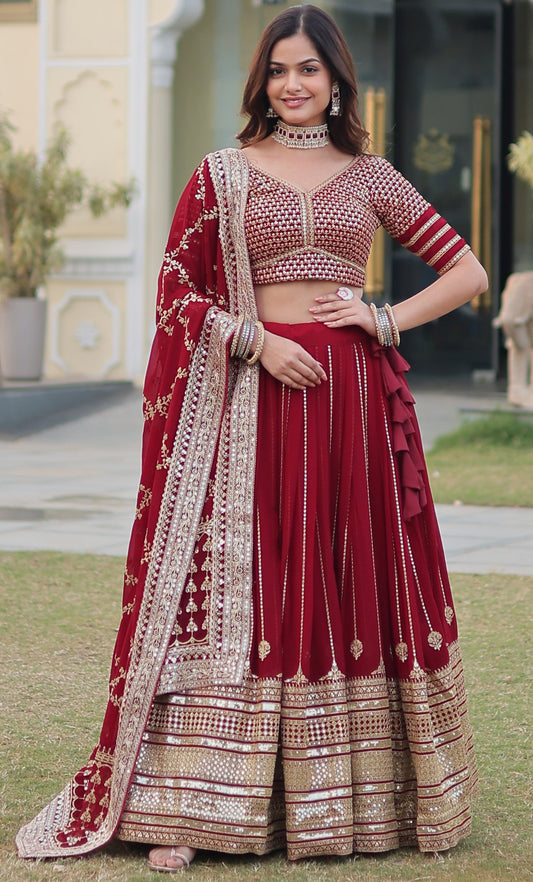 Party Wear Georgette Red Lehenga Choli