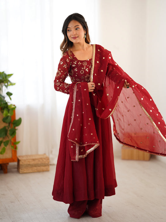 Maroon Golden Embroidered Anarkali Set