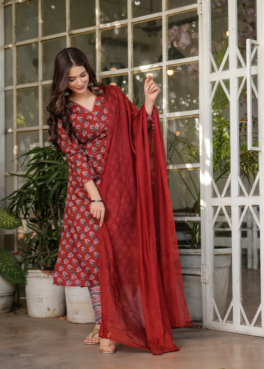 Casual Wear Maroon Cotton Kurta Set
