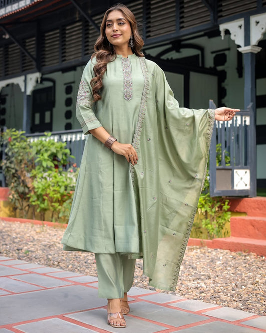 "Elegant Olive Green Embroidered Kurta Set with Dupatta"