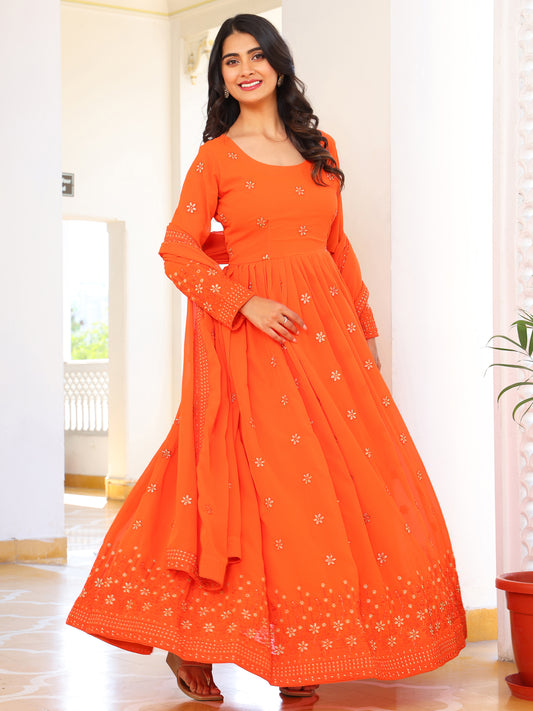 Party Wear Embroidered Orange Gown Set