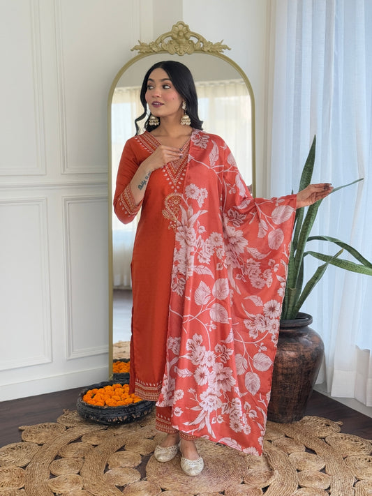 Saffron Bloom Orange Kurta Set For Festivals