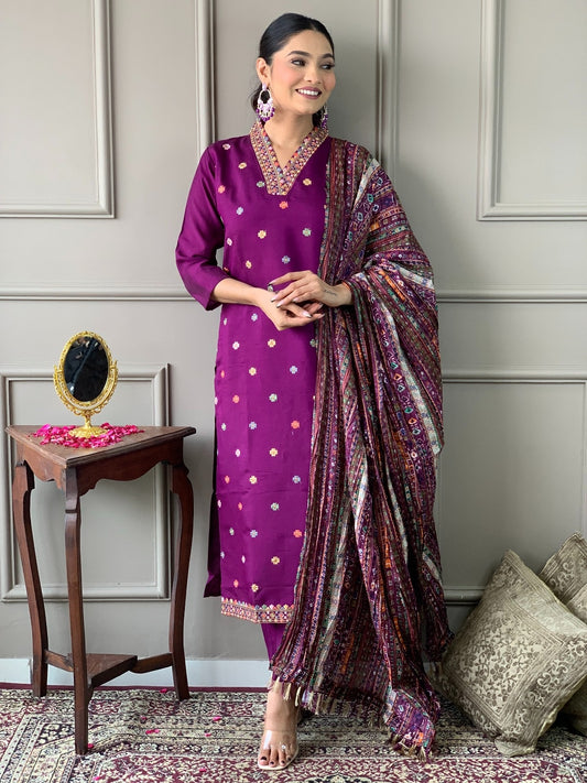 Festival Wear Embroidered Purple Kurta Set