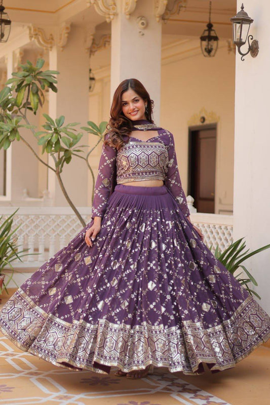 Designer Georgette Wedding Wear Purple Lehenga Choli