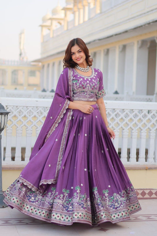 Party Wear Chinon Embroidered Purple Lehenga Choli