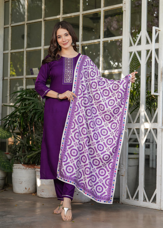 Rayon Embroidered Purple Kurta Set